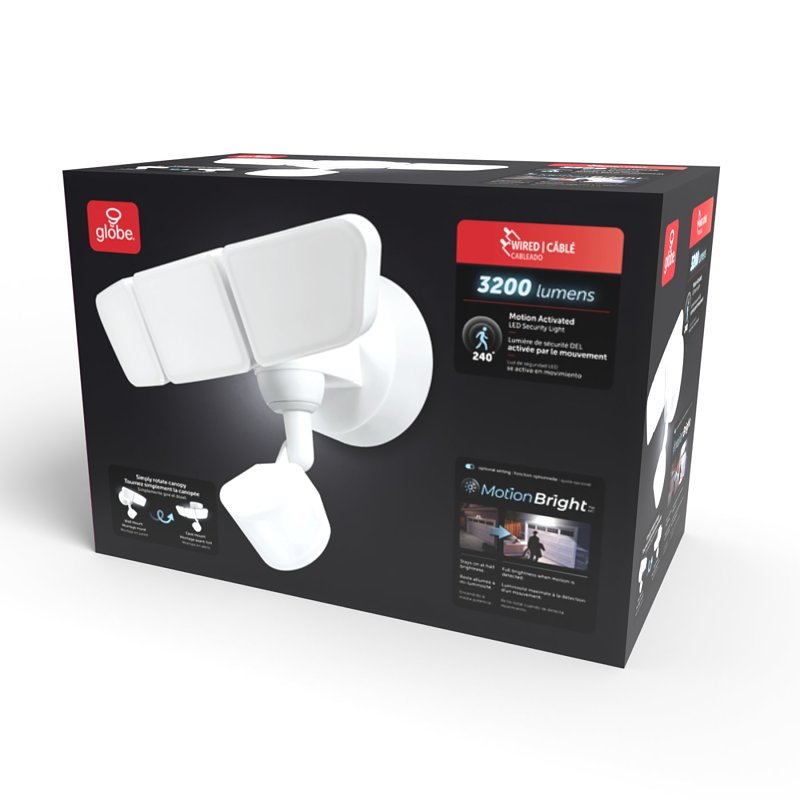 globe 17000206 Security Flood Light, LED Lamp, Bright White, 3200 Lumens, 4000 K Color Temp, White Fixture