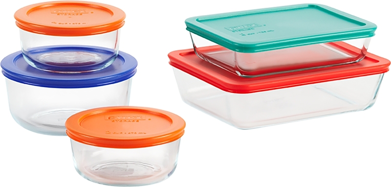 Pyrex 1091198 Series Food Storage Container Set, Rectangular, Round, Blue/Green/Orange/Red, Glass, Clear