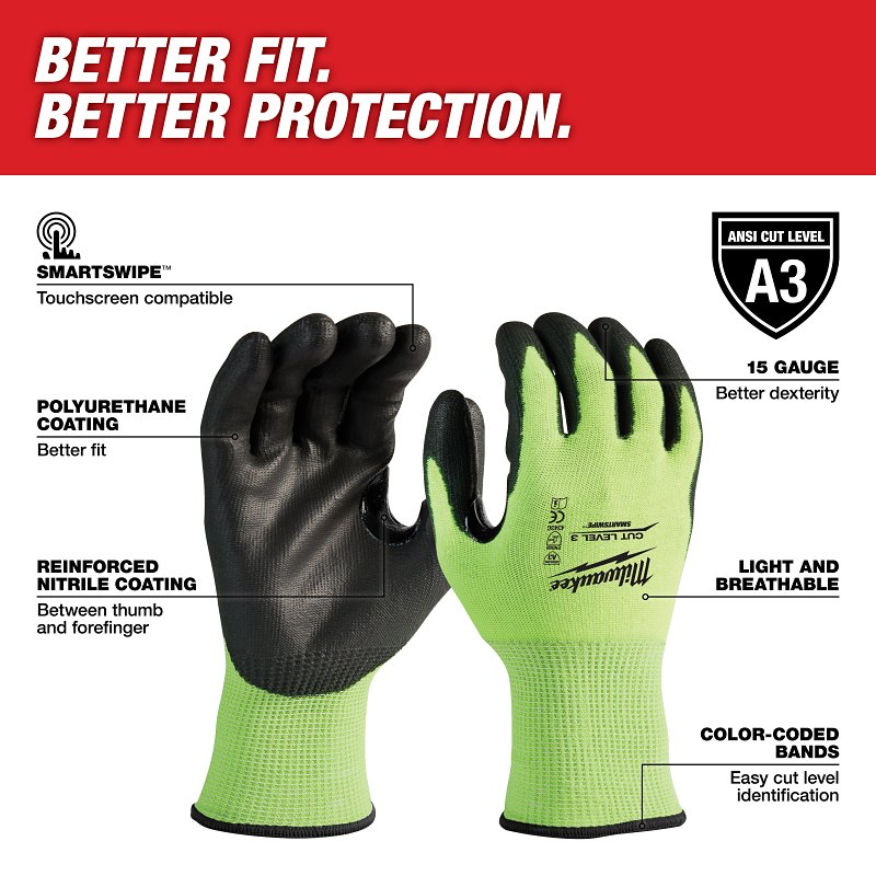 Milwaukee 48-73-8932 High-Visibility Cut Level 3 Gloves, Unisex, L, Elasticated Knit Cuff, Nitrile Coating, Polyurethane