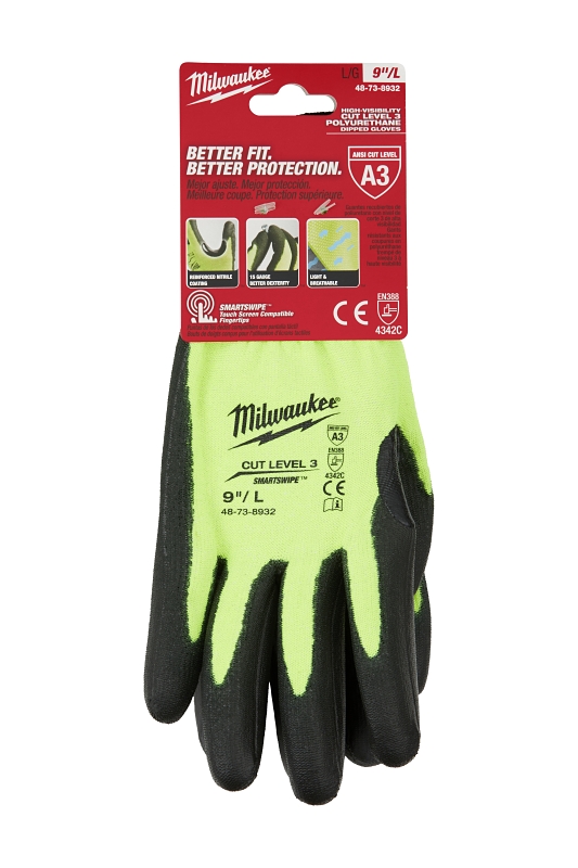 Milwaukee 48-73-8932 High-Visibility Cut Level 3 Gloves, Unisex, L, Elasticated Knit Cuff, Nitrile Coating, Polyurethane