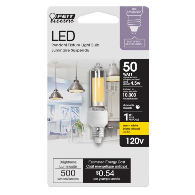 Feit Electric BP50MC/830/LED LED Bulb, Decorative, 50 W Equivalent, E11 Lamp Base, Dimmable, Clear, Warm White Light