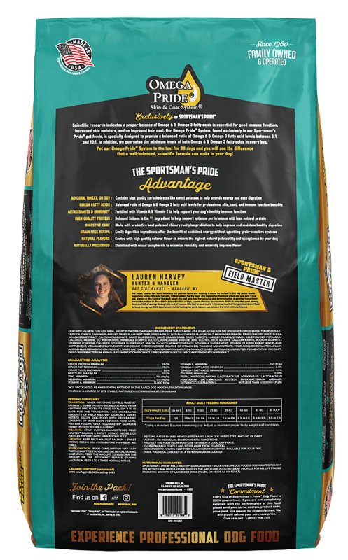 Sportsman's Pride Field Master 10166 Dog Food, Small, Medium, Large Breed, Dry, Salmon, Sweet Potato, 30 lb Bag