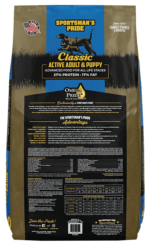 Sportsman's Pride Classic 10321 Dog Food, Adult, Puppy Breed, Dry, 40 lb Bag