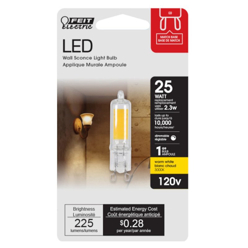 Feit Electric BP25G9/830/LED LED Bulb, Specialty, Wedge Lamp, 25 W Equivalent, G9 Lamp Base, Dimmable, Clear