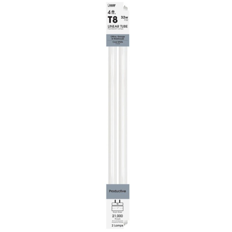 Feit Electric F32T8/941/2 Fluorescent Bulb, 32 W, T8 Lamp, Medium Bi-Pin G13 Lamp Base, 2600 Lumens, 4100 K Color Temp, 2Pack