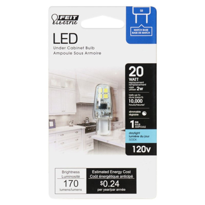 Feit Electric BP20G8/850/LED LED Bulb, 170 Lumens, 2 W, T4 Lamp, 20 W Equivalent, G8 Lamp Base, Dimmable