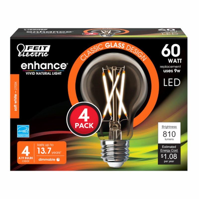 Feit Electric A1960CL927CA/FIL/4 Filament LED Bulb, Type A, 810 Lumens, 9 W, A19 Lamp, 60 W Equivalent, E26 Lamp Base
