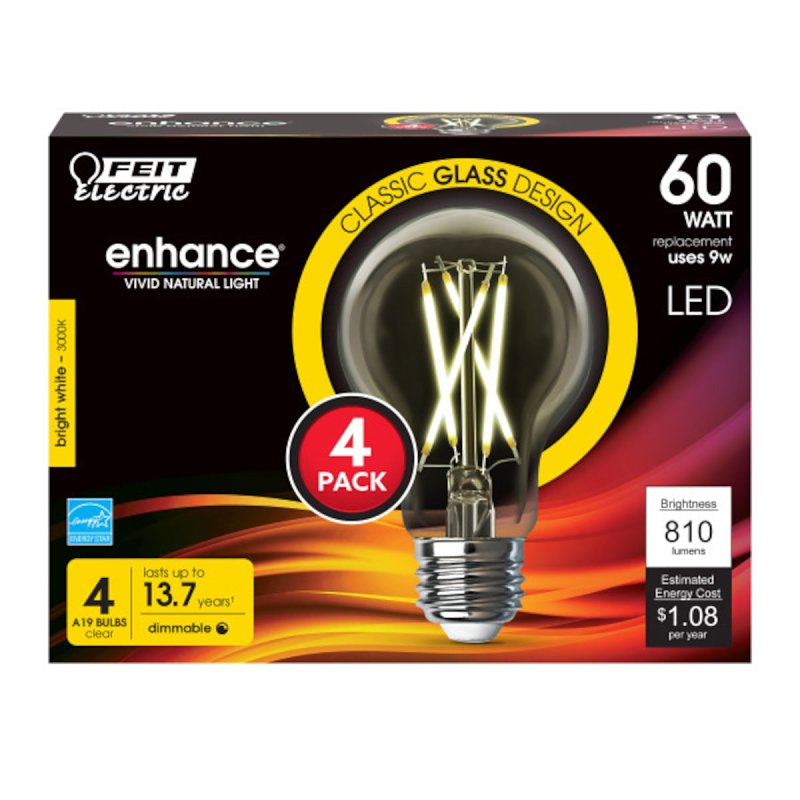 Feit Electric A1960CL930CA/FIL/4 Filament LED Bulb, 810 Lumens, 9 W, A19 Lamp, 60 W Equivalent, E26 Lamp Base, 4 PK