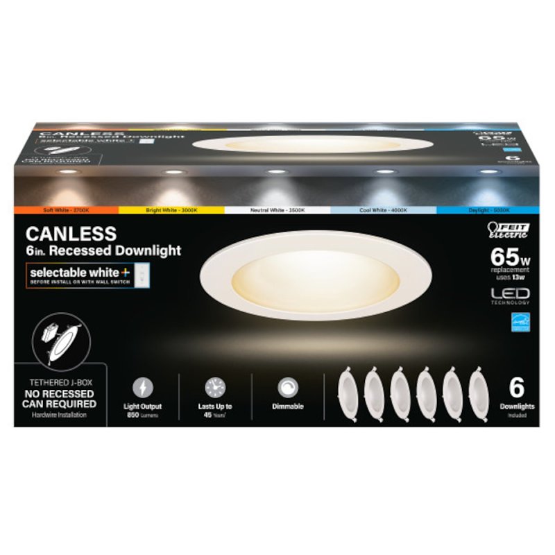 Feit Electric LEDR6XT/6WYCA/6 Recessed Downlight, 850 Lumens, 7.1 in L x 7.1 in W Dimensions, 13 W, 120 V, White