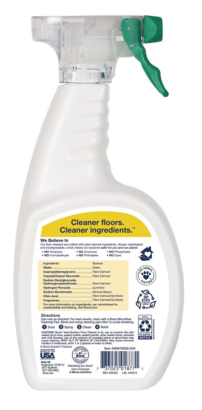 Bona WM700051224 Hard-Surface Floor Cleaner, 32 oz Bottle, Liquid, Lemon-Like, Clear