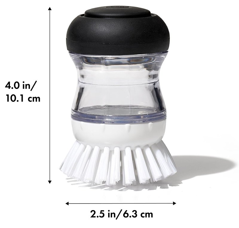 Good Grips 36481 Soap Dispensing Palm Brush, 4 in OAL, Nylon Trim, Non-Slip Handle, Silicone Handle