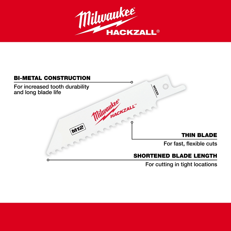 Milwaukee HACKZALL 49-00-5460 Series Blade, Applicable Materials: Wood, 3/4 in W, 4 in L, 6 TPI, HSS Cutting Edge, 5/PK