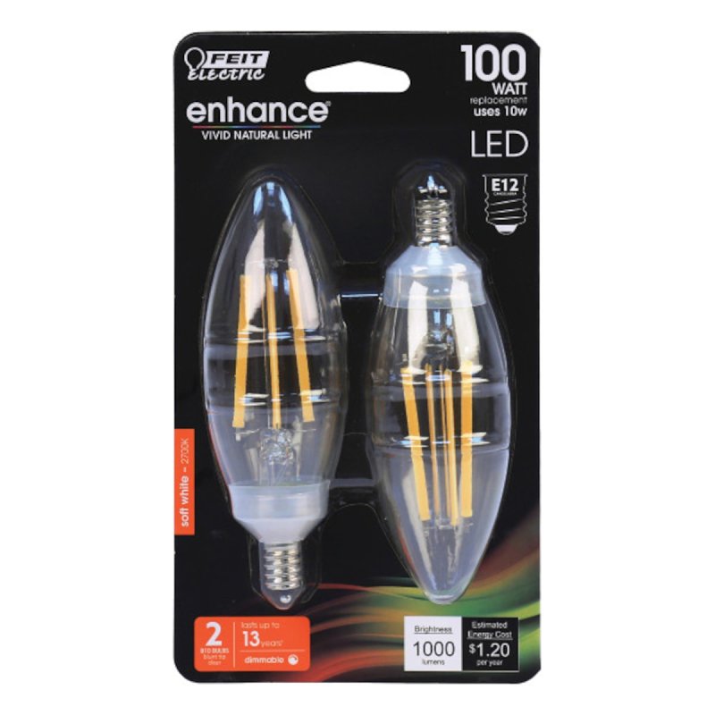 Feit Electric BPCTC100927CAFIL/2 Filament LED Bulb, B10 Lamp, 100 W Equivalent, E12 Lamp Base, Clear
