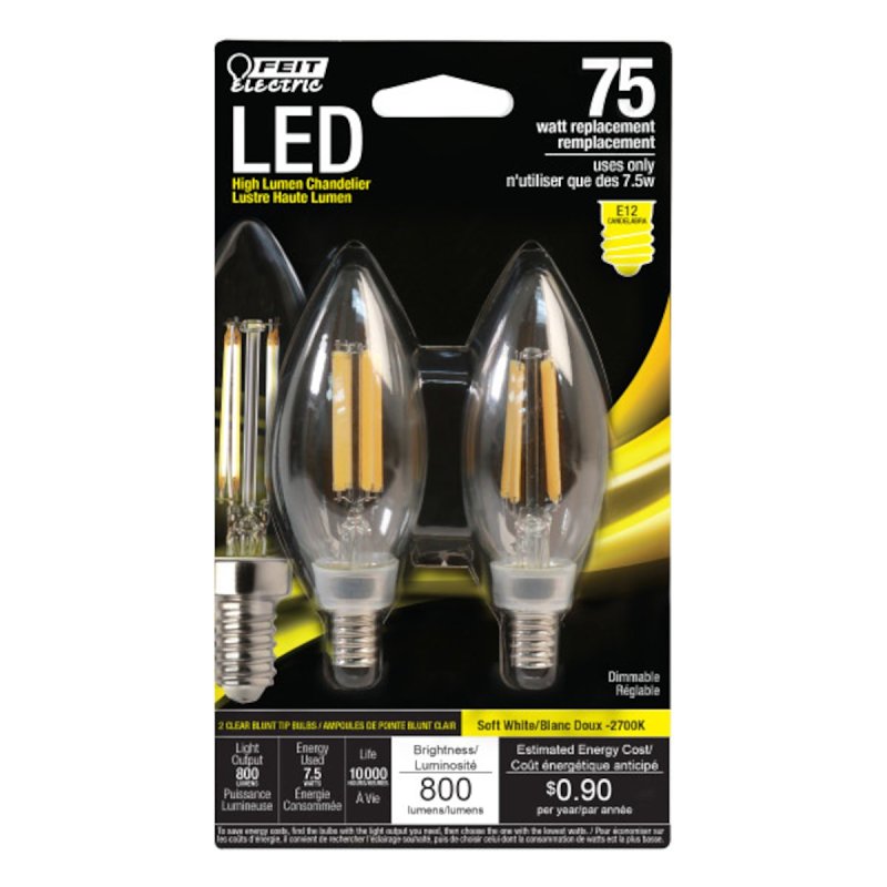 Feit Electric BPCTC75/827/LED/2 LED Bulb, Decorative, B10 Lamp, 75 W Equivalent, E12 Lamp Base, Clear, Soft White Light