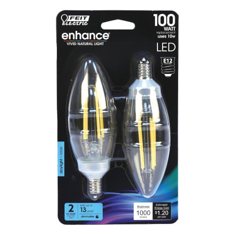 Feit Electric BPCTC100950CAFIL/2 Filament LED Bulb, Blunt-Tip, B10 Lamp, 100 W Equivalent, E12 Lamp Base, Dimmable