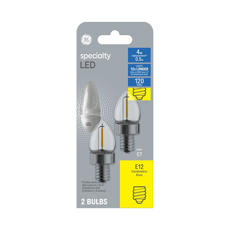GE 93129196 Night Light LED Bulb, 4 W, E-11 Candelabra Lamp Base, C7 Lamp, Soft White Light, 5 Lumens