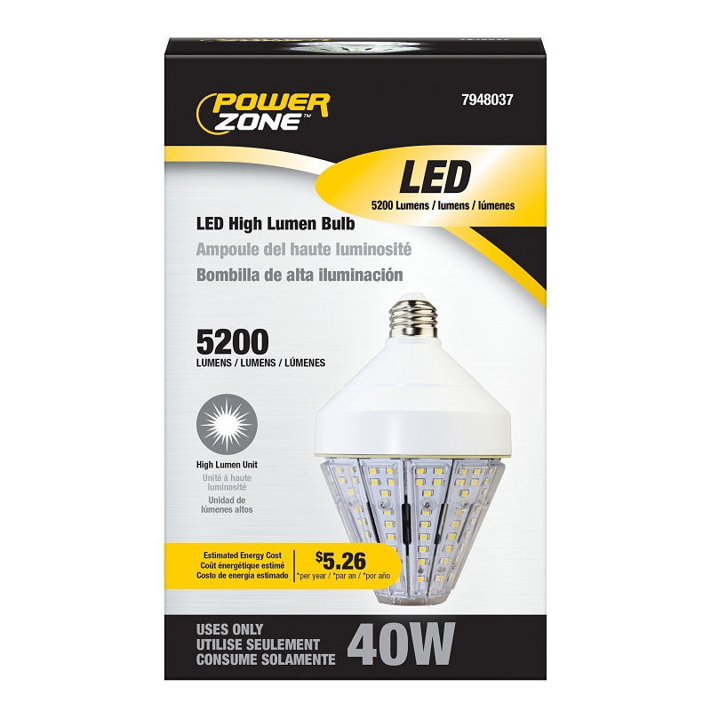 PowerZone GT-CTB-40A LED Bulb, Medium E26, 300 W Equivalent, LED Lamp Base, Daylight Light, 5000 K Color Temp