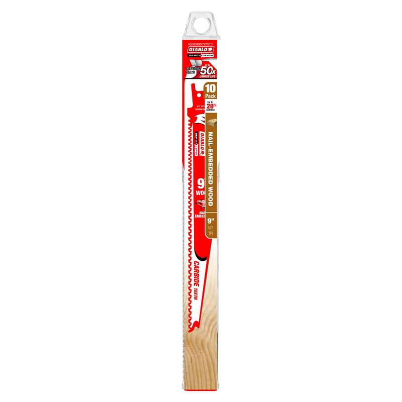 Diablo Demo Demon DS0906CWS10 Reciprocating Saw Blade, Applicable Materials: Clean Wood, 1 in W, 9 in L, 5, 7 TPI