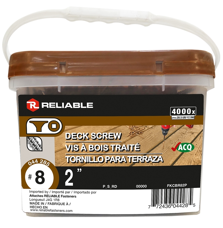 Reliable FKCBR Series FKCBR82P Deck Screw, #8-10 Thread, 2 in L, Coarse, Partial Thread, Bugle, Flat Head, Square Drive, 4000/BX
