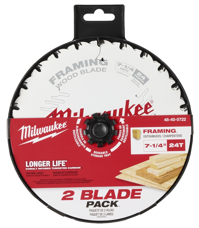 Milwaukee 48-40-0722 Circular Saw Blade, 7-1/4 in Dia, 5/8 in Arbor, 24-Teeth, Carbide Cutting Edge, 2/PK