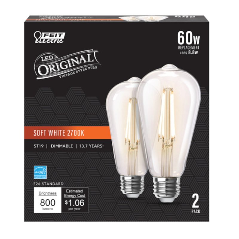 Feit Electric ST1960/CL/927CA/2 LED Bulb Lamp, ST19 Lamp, 60 W Equivalent, E26 Medium Lamp Base, Dimmable, Clear