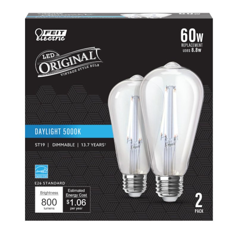 Feit Electric ST1960/CL/950CA/2 LED Bulb ST19 Lamp, ST19 Lamp, 60 W Equivalent, E26 Medium Lamp Base, Dimmable, Clear