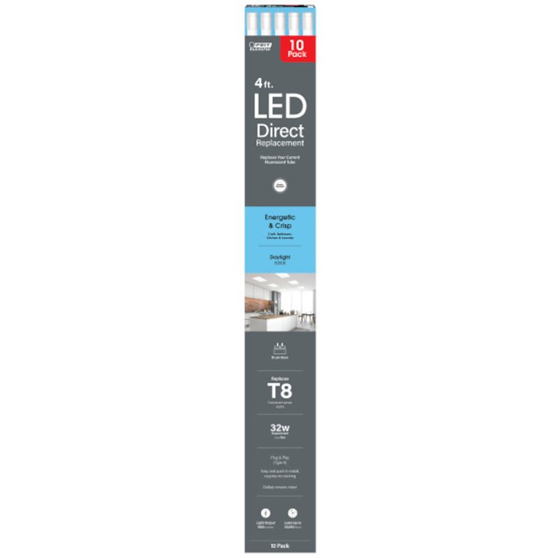 Feit Electric T848/850/LED/10 Linear LED Tube, 1800 Lumens, 18 W, T8 Tubular Lamp, Bi-Pin Lamp Base, Non-Dimmable, 10 PK