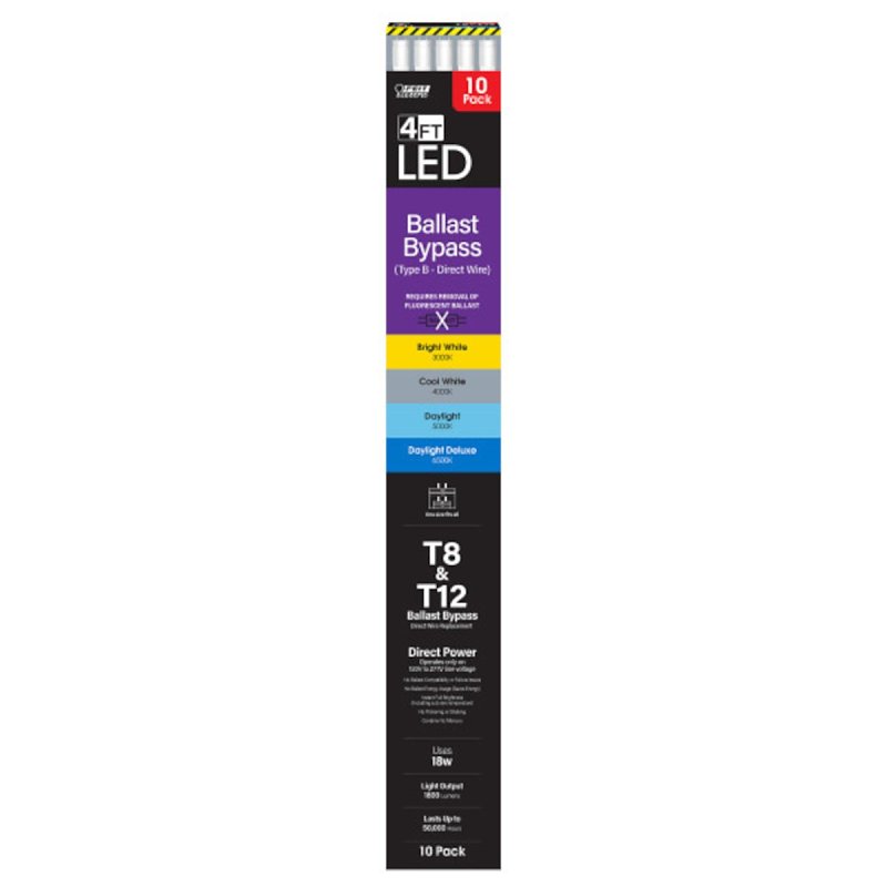 Feit Electric T4815/4CCT/B/LED/10 Linear LED Tube, Ballast Bypass Type B, 1800 Lumens, 18 W, T8 Tubular Lamp, White