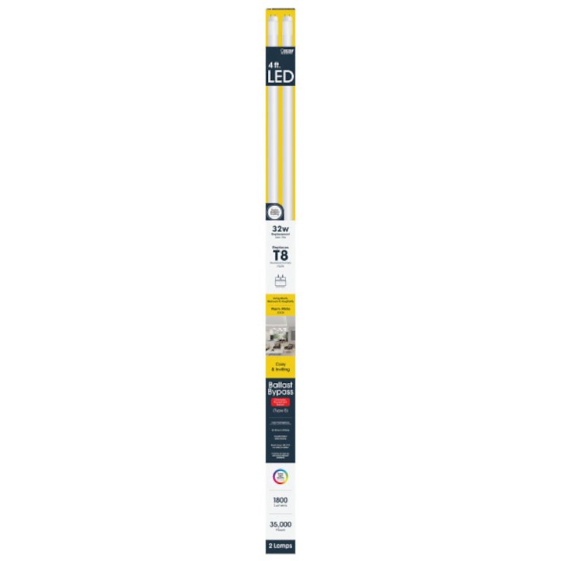 Feit Electric T848/830/B/LED/2 Linear LED Tube, 1800 Lumens, 18 W, T8 Tubular Lamp, Bi-Pin Lamp Base, Non-Dimmable, 2 PK