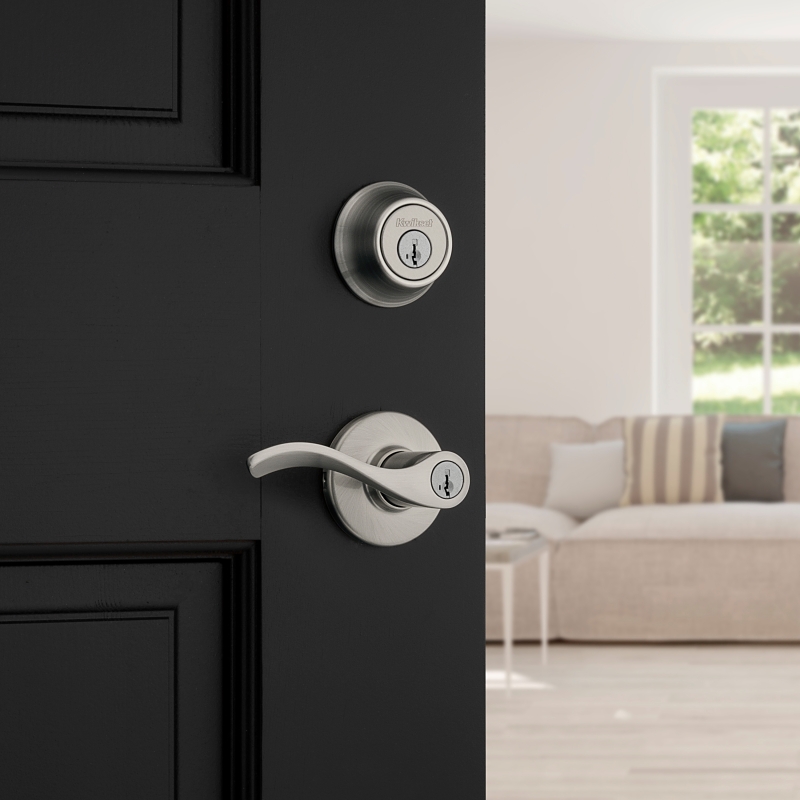 Kwikset 96900-420 Deadbolt Security Set, Keyed Entry Lock, Lever Handle, Balboa Design, Satin Nickel, Turn Piece