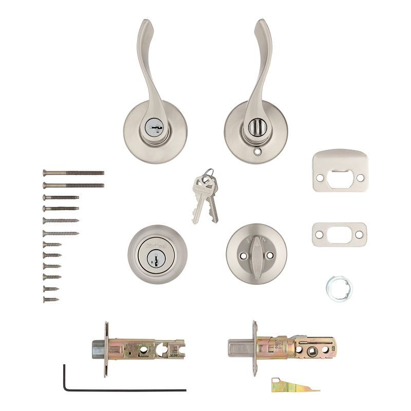 Kwikset 96900-420 Deadbolt Security Set, Keyed Entry Lock, Lever Handle, Balboa Design, Satin Nickel, Turn Piece