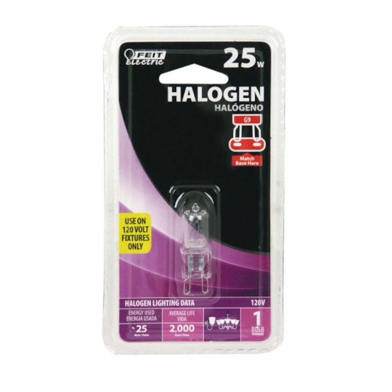 Feit Electric BPQ25/G9 Halogen Bulb, 1-3/4 in H Dimensions, 25 W, G9 Lamp Base, JCD T4 Lamp, 3000 K Color Temp