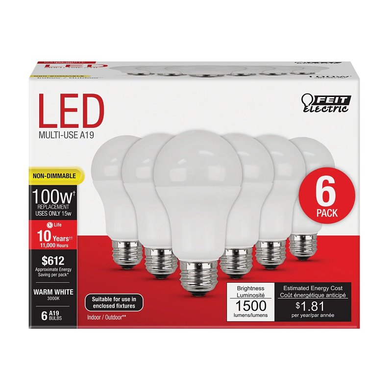 Feit Electric A1600/830/10KLED/6 LED Bulb, General Purpose, 1500 Lumens, 15 W, A19 Lamp, 100 W Equivalent, E26 Lamp Base