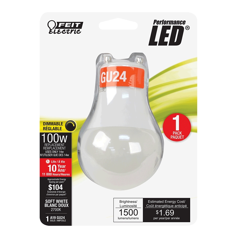 Feit Electric A100DM827GU24/10KLED LED Bulb, General Purpose, 1500 Lumens, 14 W, A19 Lamp, 100 W Equivalent, Dimmable