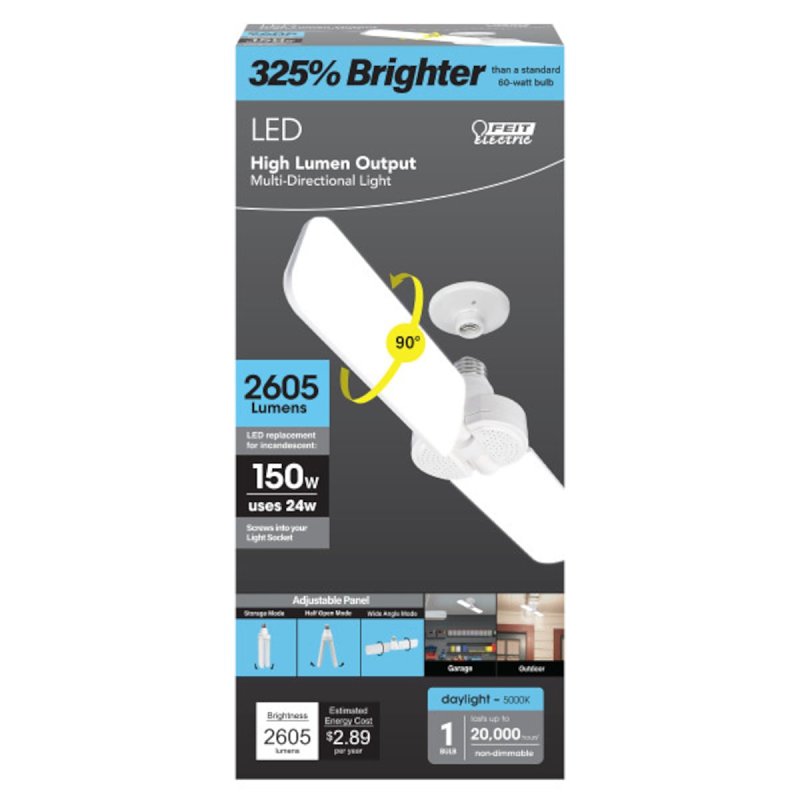 Feit Electric ADJ2600/5K/LED Foldable Panel Garage Light, 120 V, LED Lamp, 26 W Lamp, Daylight Light, E26 Lamp Base