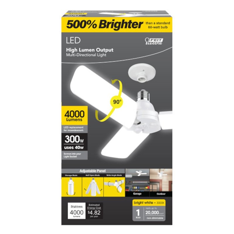 Feit Electric ADJ4000/3K/LED Foldable Panel Garage Light, 120 V, LED Lamp, 40 W Lamp, Bright White Light, E26 Lamp Base