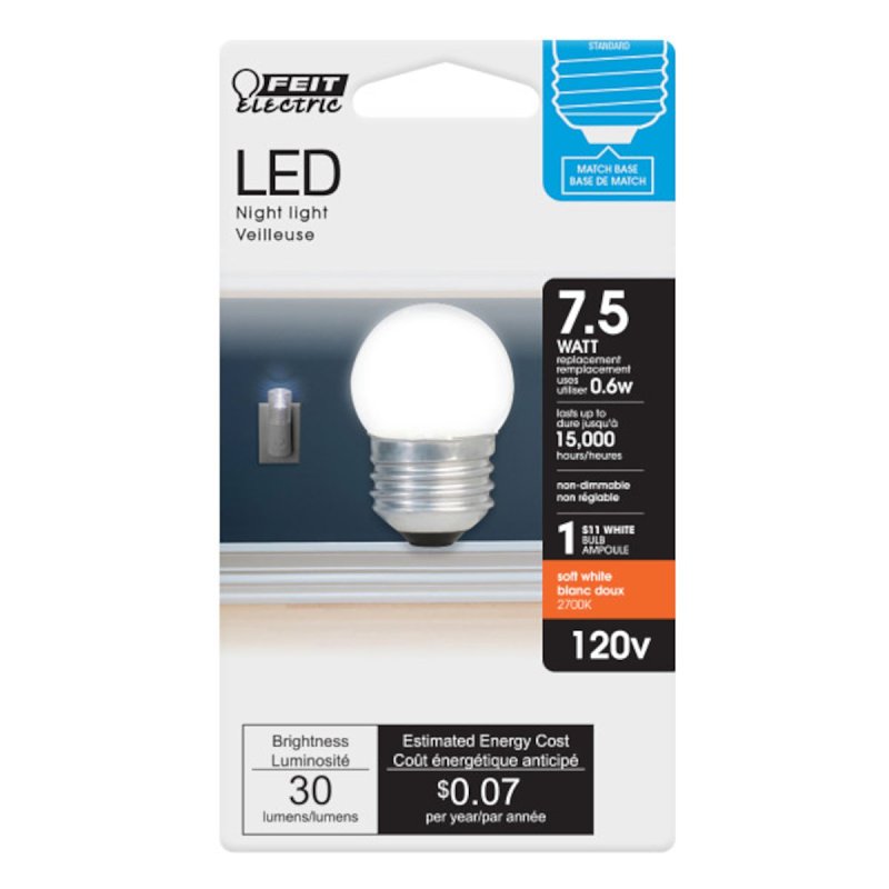 Feit Electric BP71/2S/W/LED LED Night Light Bulb, 0.6 W, E26 Medium Lamp Base, S11 Lamp, Soft White Light