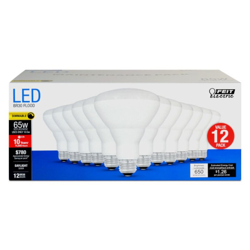 Feit Electric BR30DM85010KLEDMP/12 LED Bulb, 120 V, 650 Lumens, 10.5 W, BR30 Lamp, 65 W Equivalent, Dimmable