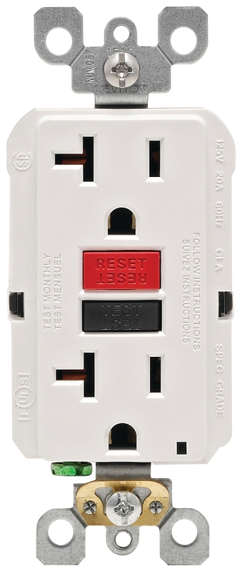 Leviton R12-GFNT2-0RW GFCI Duplex Receptacle, Polycarbonate, White, 2-Pole, 20 A, 125 V, Back, Side Wiring