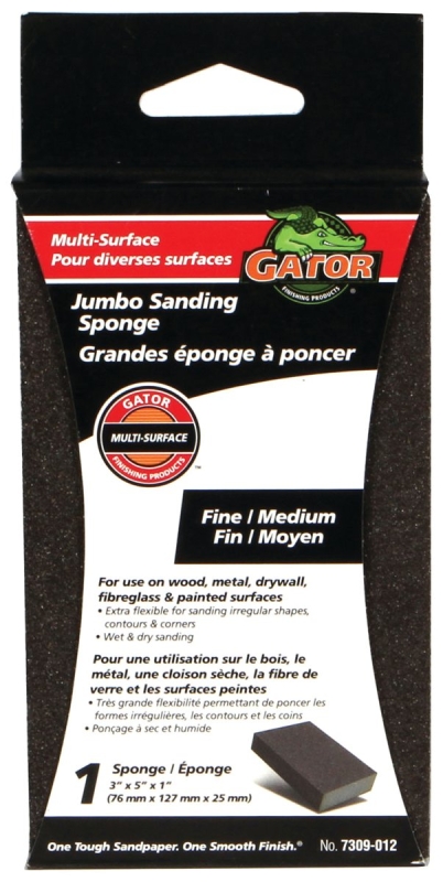 Gator 7309-012 Sanding Sponge, 5 in L, 3 in W, Fine, Medium, Aluminum Oxide Abrasive, Jumbo Size