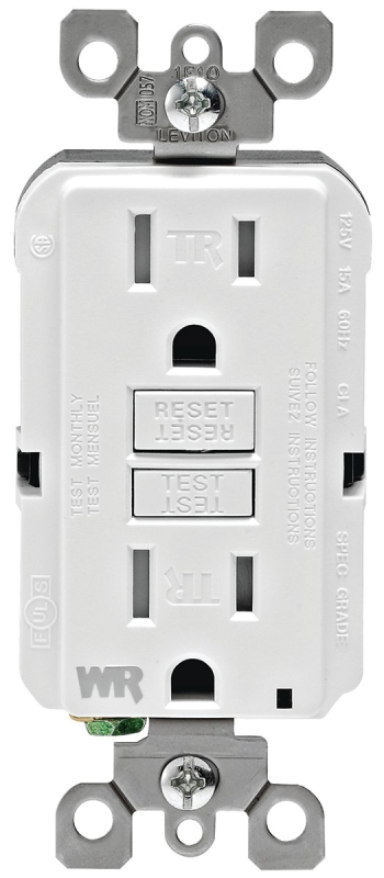 Leviton R92-GFWT1-0KW GFCI Duplex Receptacle, Polycarbonate, White, 2-Pole, 3-Wire, 125 V, Back, Side Wiring