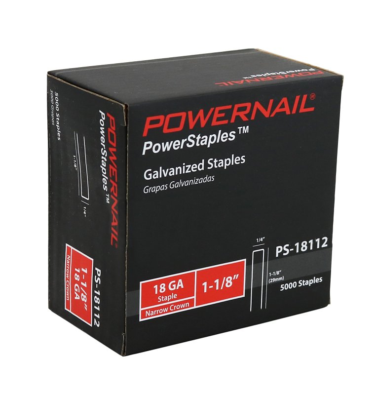 Powernail PowerStaples PS18112 Fine Wire Staple, 1/4 in W Crown, 1-1/8 in L Leg, 18 ga, Carbon Steel