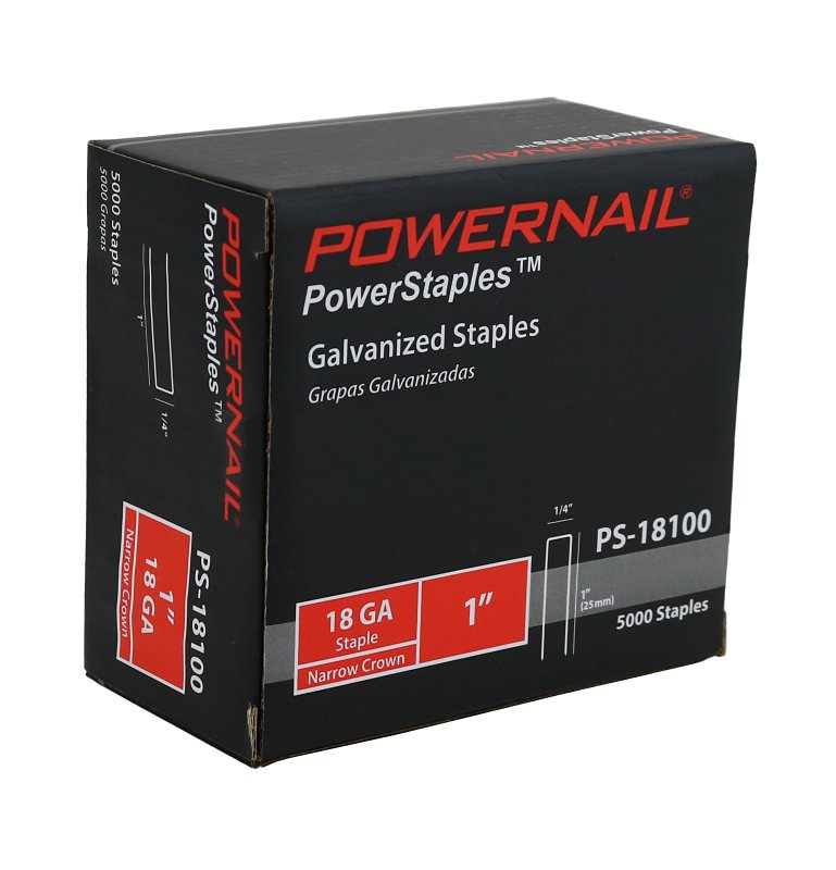 Powernail PowerStaples PS18100 Fine Wire Staple, 1/4 in W Crown, 1 in L Leg, 18 ga, Carbon Steel