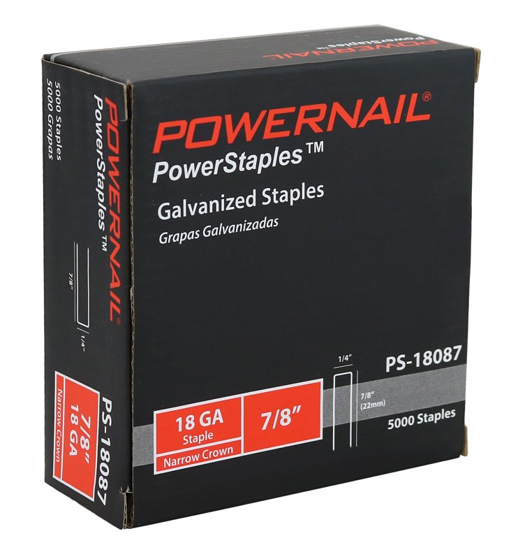 Powernail PowerStaples PS18087 Fine Wire Staple, 1/4 in W Crown, 7/8 in L Leg, 18 ga, Carbon Steel