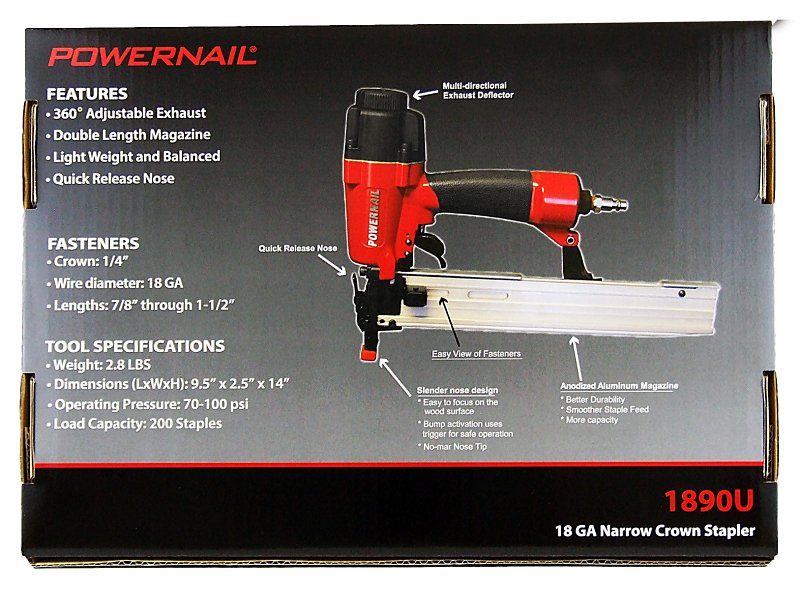 Powernail 1890U Underlayment Stapler, 1/4 in W Crown, 7/8, 1, 1-1/8, 1-1/4, 1-1/2 in L Leg, Narrow Crown Staple