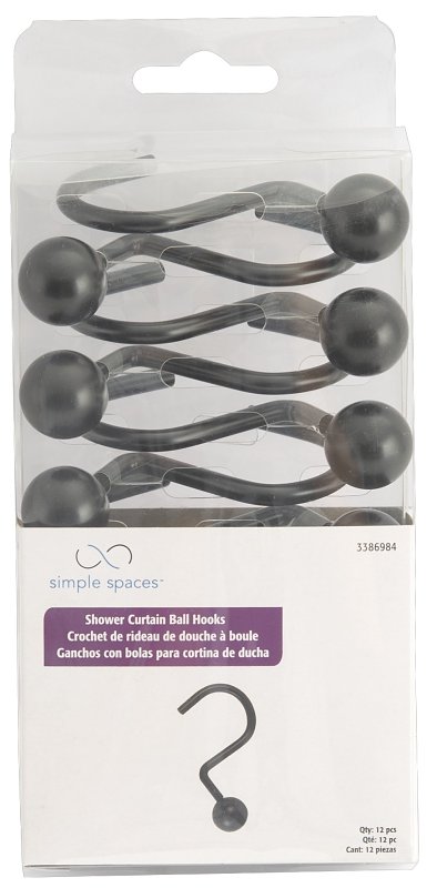 Simple Spaces SD-CBH-BK Ball Shower Curtain Hook Set, 1-1/16 in Opening, Steel, Matte, 2 in W, 2-3/4 in H