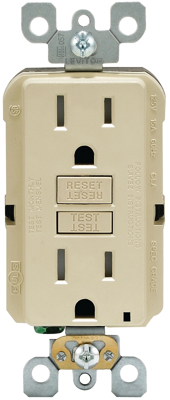 Leviton R91-GFTR1-0KI GFCI Duplex Receptacle, Polycarbonate, Ivory, 2-Pole, 15 A, 125 V, Back, Side Wiring