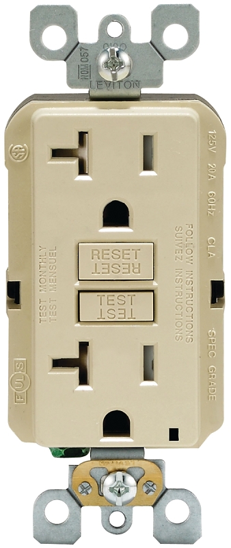 Leviton R91-GFTR2-0KI GFCI Duplex Receptacle, Thermoplastic, Ivory, 2-Pole, 20 A, 125 V, Back, Side Wiring