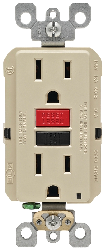 Leviton R71-GFNT1-0RI GFCI Duplex Receptacle, Polycarbonate, Ivory, 2-Pole, 15 A, 125 V, 3-Wire