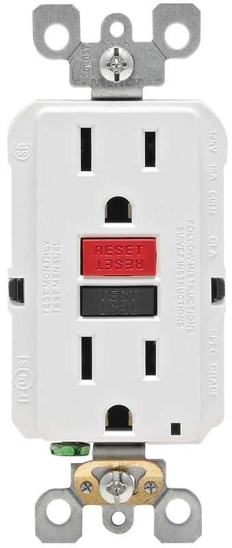 Leviton R72-GFNT1-0RW GFCI Duplex Receptacle, Polycarbonate, White, 2-Pole, 15 A, 125 V, 3-Wire